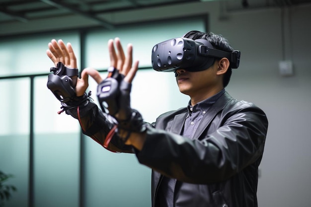 Photo un homme portant un costume de réalité virtuelle et tenant la main avec le numéro 3 sur le dos