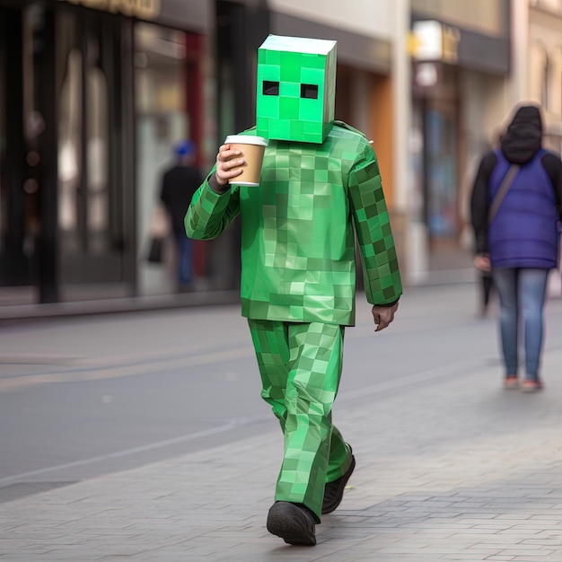 Homme portant un costume vert Minecraft à la mode se précipite