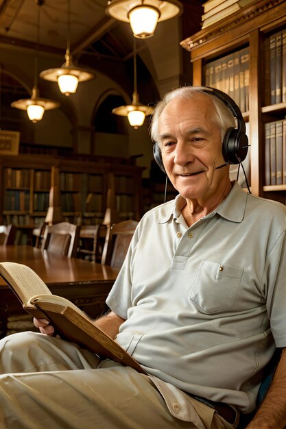 un homme portant des écouteurs lit un livre dans une bibliothèque avec une bibliothèque en arrière-plan et une lampe