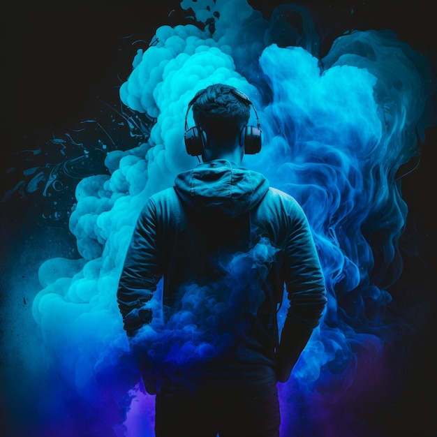 Un homme portant des écouteurs se tient devant une fumée bleue AI générative