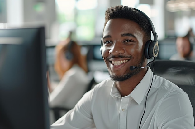 Photo un homme portant des écouteurs sourit alors qu'il est assis devant un ordinateur un agent de service à la clientèle portant un casque dans un centre d'appels