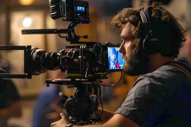 Un homme portant des écouteurs tourne un film.