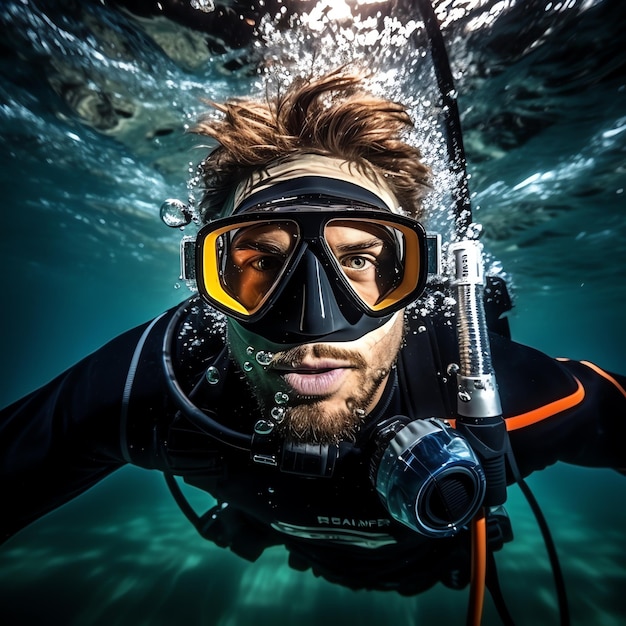 Photo un homme portant un équipement de plongée sous l'eau