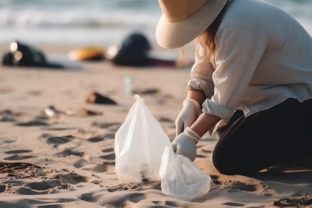 Photo un homme portant des gants enlève les ordures sur la plage ai générative