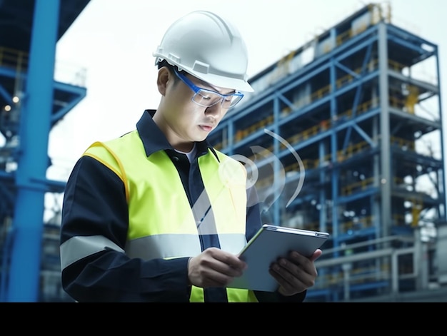 Un homme portant un gilet jaune et des lunettes de sécurité bleues utilise une tablette.