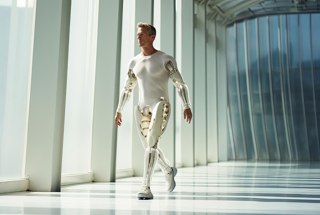 homme portant une jambe robotique marchant dans le style du blanc et du bronze