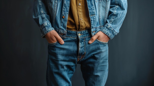 Un homme portant un jean bleu et une veste bleue avec ses mains dans ses poches il se tient contre un fond sombre