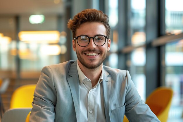 Photo un homme portant des lunettes assis à une table d'un homme d'affaires