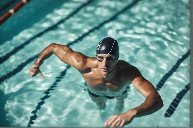 un homme portant des lunettes et un casque nage dans une piscine.
