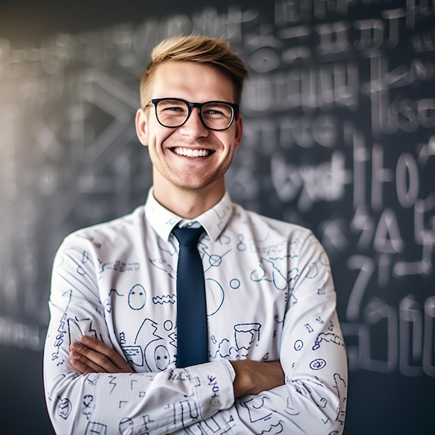 un homme portant des lunettes et une chemise avec le mot « w » dessus.