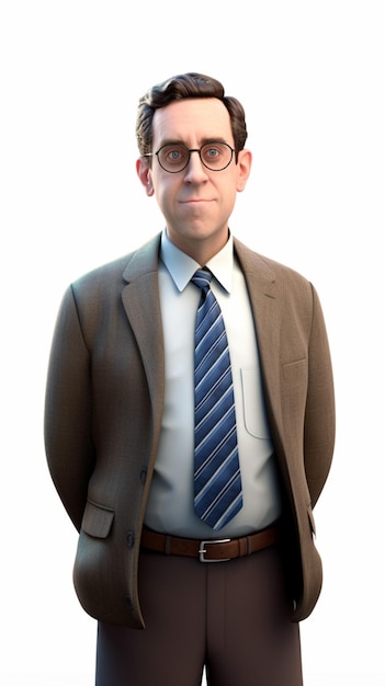 Un homme portant des lunettes et un costume avec une cravate à rayures bleues et blanches.