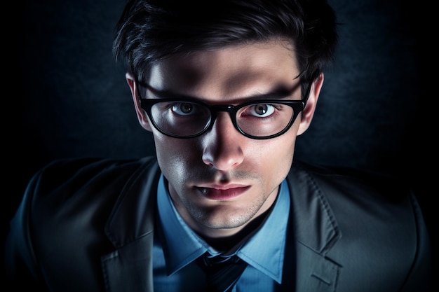 un homme portant des lunettes et un costume avec un fond sombre.