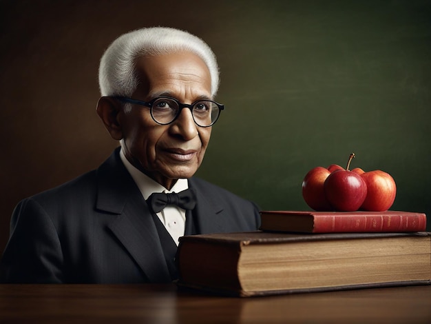 un homme portant des lunettes est assis devant un livre avec des pommes dessus