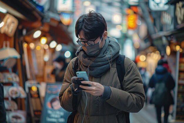 Un homme portant des lunettes et un foulard regarde son téléphone portable