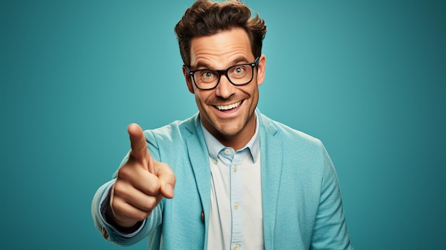 Photo un homme portant des lunettes avec un geste de main pointant créé par l'ai générative