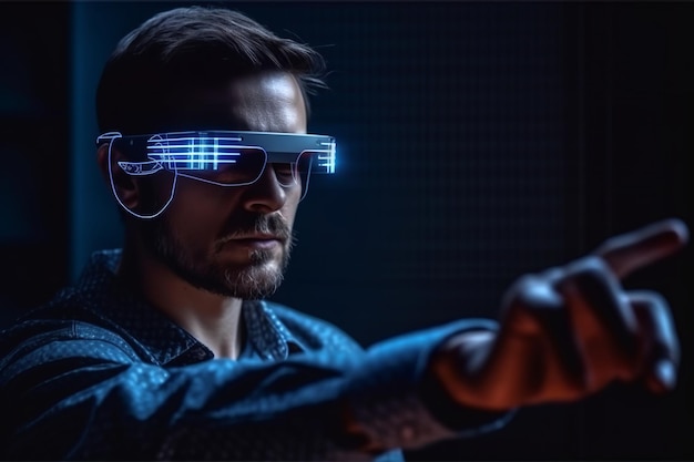 Homme portant des lunettes intelligentes touchant un écran virtuel