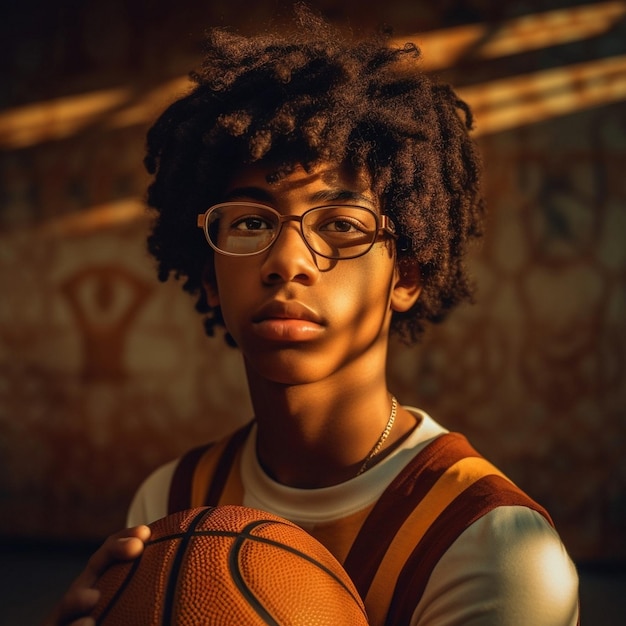 un homme portant des lunettes et un maillot de basket-ball avec le mot oeil dessus