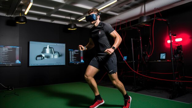 Un homme portant des lunettes de protection et une chemise noire boxe dans un gymnase