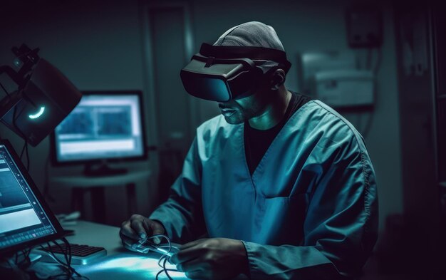 Un homme portant des lunettes de réalité virtuelle est assis dans une pièce sombre.