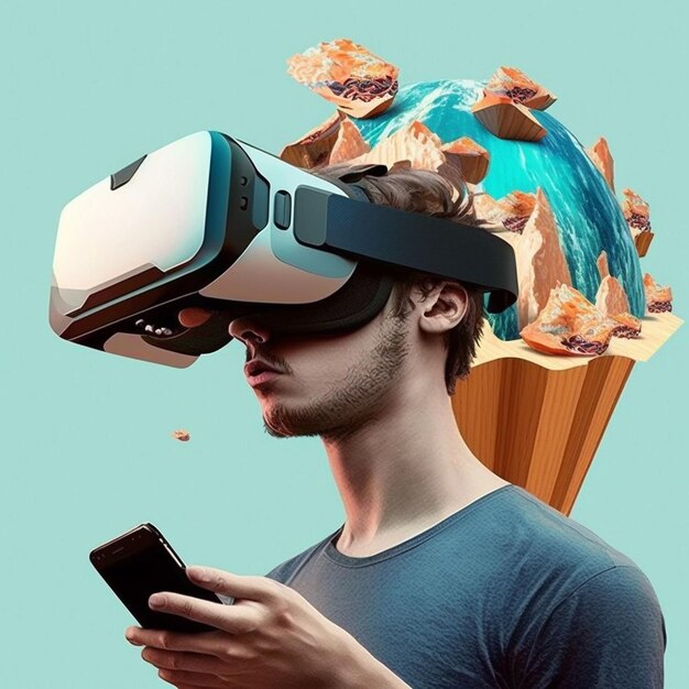Un homme portant des lunettes de réalité virtuelle avec un globe en arrière-plan.