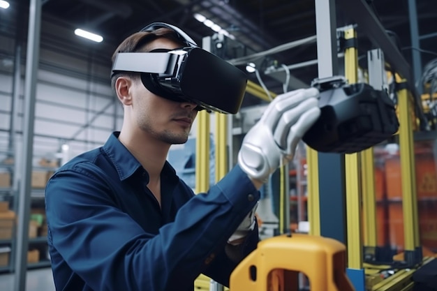 Un homme portant des lunettes de réalité virtuelle se tient dans une usine.