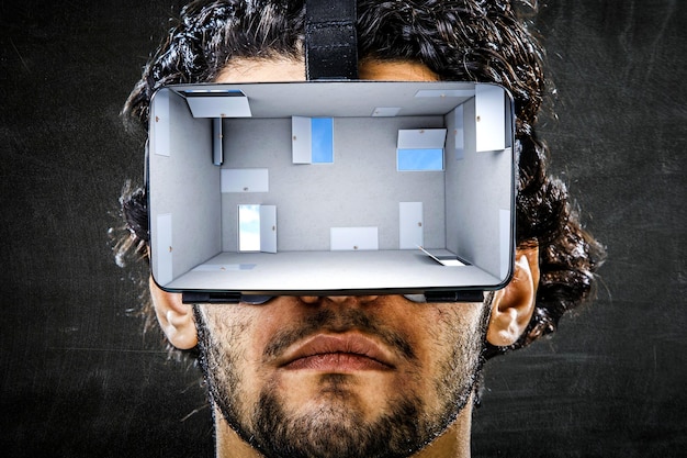 Homme portant des lunettes de réalité virtuelle. Technique mixte