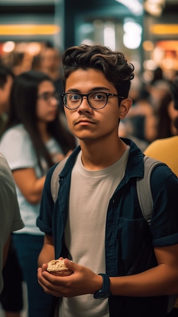 Un homme portant des lunettes se tient dans une foule avec un sac à dos sur sa chemise.