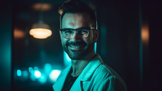 Un homme portant des lunettes se tient dans une pièce sombre avec une lumière bleue derrière lui.