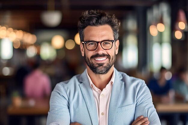Un homme portant des lunettes se tient dans un restaurant, les bras croisés.