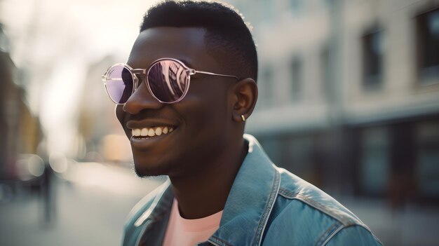 Un homme portant des lunettes de soleil et une chemise rose se tient devant un bâtiment.