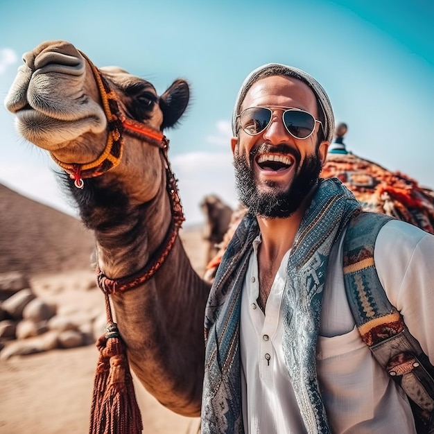 Un homme portant des lunettes de soleil et une écharpe avec un chameau dessus