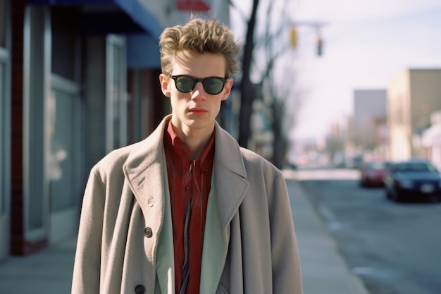 un homme portant des lunettes de soleil et un manteau debout dans la rue