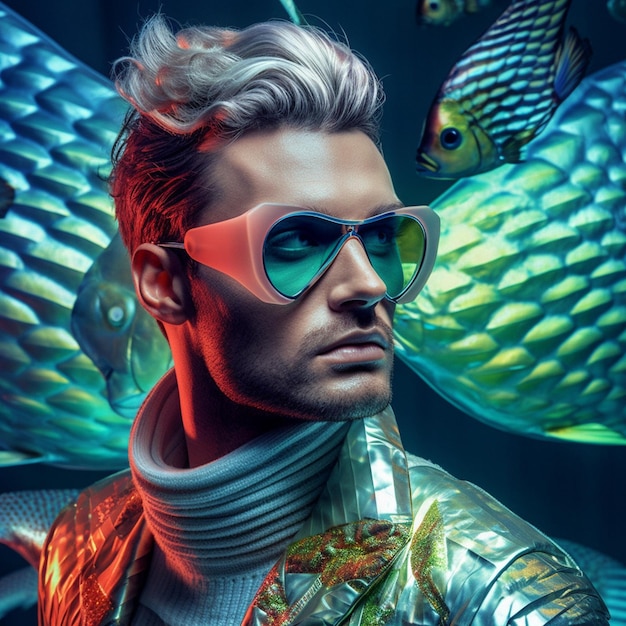 un homme portant des lunettes de soleil et un masque de poisson est devant un aquarium.