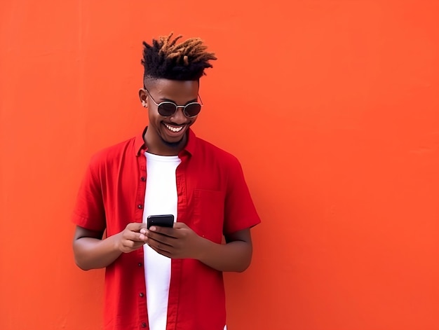 Un homme portant des lunettes de soleil utilise un téléphone devant un mur orange.
