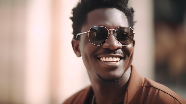 Un homme portant des lunettes de soleil et une veste marron sourit à la caméra.