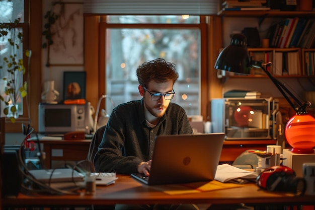 Un homme portant des lunettes travaille dans un espace de travail