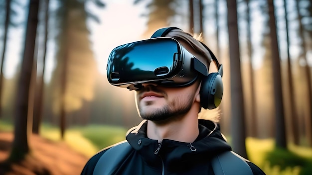 Homme portant des lunettes VR dans la nature forêt immersion lunettes AR casque de réalité virtuelle