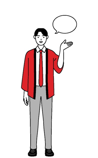 Homme portant un manteau happi rouge donnant des instructions avec un wipeout