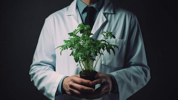 Un homme portant un manteau de laboratoire tenant une plante Cette image peut être utilisée pour représenter la recherche scientifique