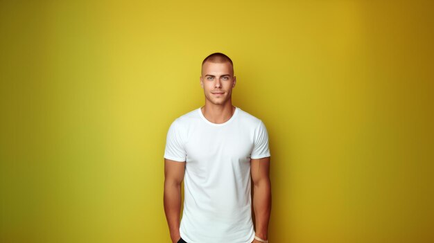 Homme portant une maquette de chemise blanche sur fond jaune Maquette de T-shirt