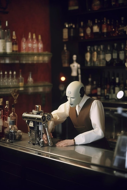 Un homme portant un masque blanc se tient derrière un bar avec un bar en arrière-plan.