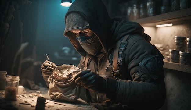 Un homme portant un masque et une cagoule est assis dans une pièce sombre avec une lampe sur la table.