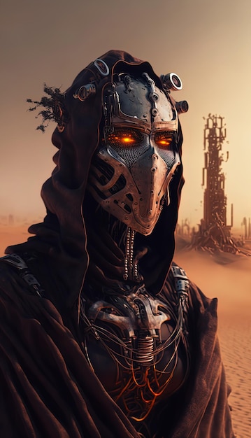 Homme portant un masque et une cape dans un désert AIGénéré
