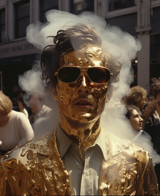 un homme portant un masque doré et des lunettes de soleil se tient devant une foule de gens.