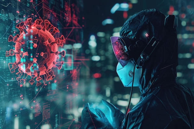 Un homme portant un masque et des écouteurs se tient devant une ville futuriste s'immergeant dans l'ambiance urbaine AI prédisant la propagation de la pandémie en utilisant de grandes données AI générée