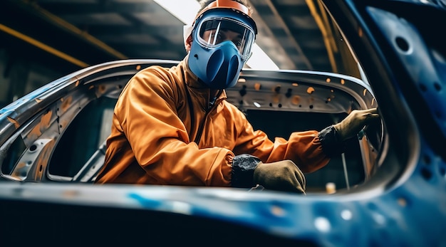 Un homme portant un masque à gaz et un masque à gaz est assis dans une usine