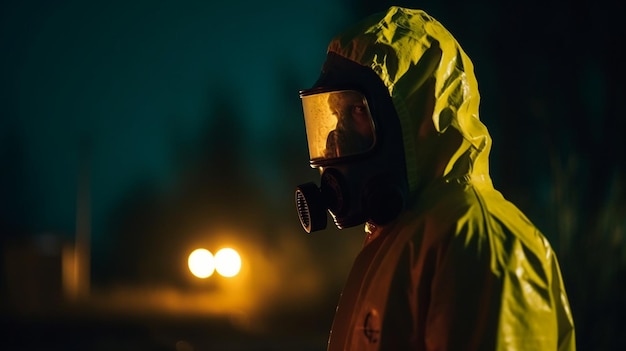 Un homme portant un masque à gaz et un masque à gaz se tient dans le noir.