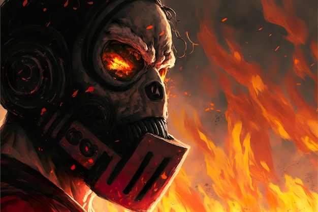 Un homme portant un masque à gaz se tient dans un feu ardent