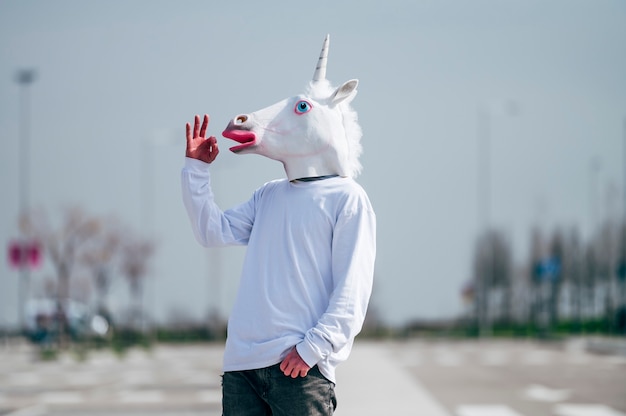 Homme portant un masque de licorne faisant un geste ok avec la main