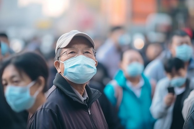 Photo un homme portant un masque et un masque facial se tient devant une foule de personnes portant des masques chirurgicaux